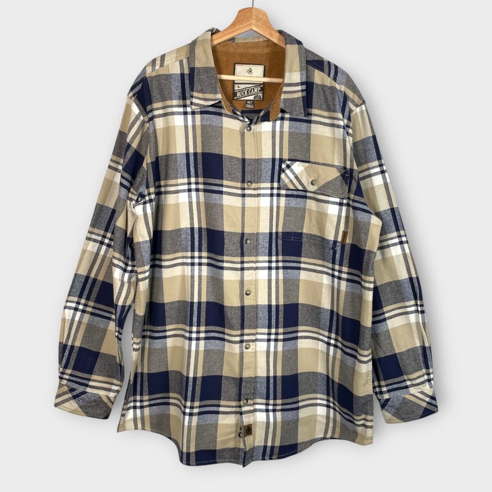 Legendary Whitetails Buck Camp Flannel Shirt XL TALL Blue Plaid 100% Cotton Camp